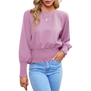 imageLYANER Womens Round Neck Frill Shirred Lantern Long Sleeve Blouse Office Shirt TopLight Purple