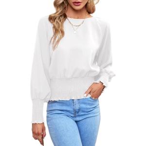 imageLYANER Womens Round Neck Frill Shirred Lantern Long Sleeve Blouse Office Shirt TopWhite