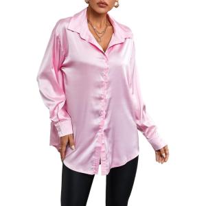 imageLYANER Womens Satin Silk Collar V Neck Button Down Long Sleeve Blouse Shirt TopPink
