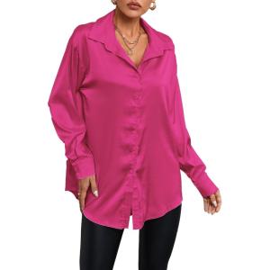 imageLYANER Womens Satin Silk Collar V Neck Button Down Long Sleeve Blouse Shirt TopRose