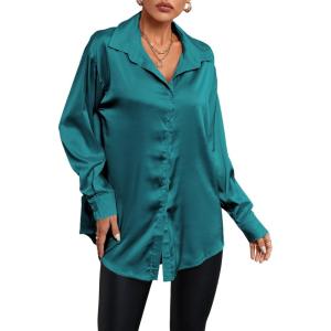 imageLYANER Womens Satin Silk Collar V Neck Button Down Long Sleeve Blouse Shirt TopTeal