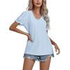 imageLYANER Womens Casual Puff Short Sleeve Lace Trim Eyelet V Neck Shirt Blouse Tunic TopBaby Blue