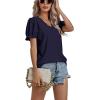 imageLYANER Womens Casual Puff Short Sleeve Lace Trim Eyelet V Neck Shirt Blouse Tunic TopDark Blue