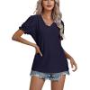 imageLYANER Womens Casual Puff Short Sleeve Lace Trim Eyelet V Neck Shirt Blouse Tunic TopDark Blue