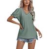 imageLYANER Womens Casual Puff Short Sleeve Lace Trim Eyelet V Neck Shirt Blouse Tunic TopDark Green