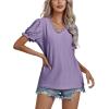 imageLYANER Womens Casual Puff Short Sleeve Lace Trim Eyelet V Neck Shirt Blouse Tunic TopPurple