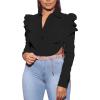 imageLYANER Womens Collar V Neck Button Down Split Hem Puff Long Sleeve Shirt Blouse TopBlack