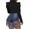 imageLYANER Womens Collar V Neck Button Down Split Hem Puff Long Sleeve Shirt Blouse TopBlack