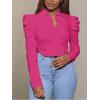 imageLYANER Womens Collar V Neck Button Down Split Hem Puff Long Sleeve Shirt Blouse TopRose