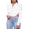 imageLYANER Womens Collar V Neck Button Down Split Hem Puff Long Sleeve Shirt Blouse TopWhite