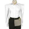 imageLYANER Womens Collar V Neck Button Down Split Hem Puff Long Sleeve Shirt Blouse TopWhite