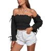 imageLYANER Womens Off The Shoulder Ruffle Trim Drawsting Puff Long Sleeve Tube Crop Blouse Shirt TopBlack