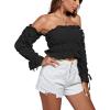 imageLYANER Womens Off The Shoulder Ruffle Trim Drawsting Puff Long Sleeve Tube Crop Blouse Shirt TopBlack