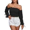 imageLYANER Womens Off The Shoulder Ruffle Trim Drawsting Puff Long Sleeve Tube Crop Blouse Shirt TopBlack