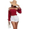 imageLYANER Womens Off The Shoulder Ruffle Trim Drawsting Puff Long Sleeve Tube Crop Blouse Shirt TopBurgundy