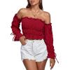 imageLYANER Womens Off The Shoulder Ruffle Trim Drawsting Puff Long Sleeve Tube Crop Blouse Shirt TopBurgundy