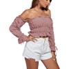 imageLYANER Womens Off The Shoulder Ruffle Trim Drawsting Puff Long Sleeve Tube Crop Blouse Shirt TopDusty Pink