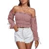 imageLYANER Womens Off The Shoulder Ruffle Trim Drawsting Puff Long Sleeve Tube Crop Blouse Shirt TopDusty Pink