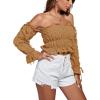 imageLYANER Womens Off The Shoulder Ruffle Trim Drawsting Puff Long Sleeve Tube Crop Blouse Shirt TopKhaki