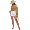 imageLYANER Womens Off The Shoulder Ruffle Trim Drawsting Puff Long Sleeve Tube Crop Blouse Shirt TopKhaki