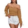 imageLYANER Womens Off The Shoulder Ruffle Trim Drawsting Puff Long Sleeve Tube Crop Blouse Shirt TopKhaki