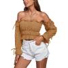 imageLYANER Womens Off The Shoulder Ruffle Trim Drawsting Puff Long Sleeve Tube Crop Blouse Shirt TopKhaki