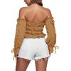 imageLYANER Womens Off The Shoulder Ruffle Trim Drawsting Puff Long Sleeve Tube Crop Blouse Shirt TopKhaki
