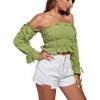 imageLYANER Womens Off The Shoulder Ruffle Trim Drawsting Puff Long Sleeve Tube Crop Blouse Shirt TopKiwi Green
