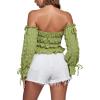 imageLYANER Womens Off The Shoulder Ruffle Trim Drawsting Puff Long Sleeve Tube Crop Blouse Shirt TopKiwi Green