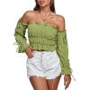 imageLYANER Womens Off The Shoulder Ruffle Trim Drawsting Puff Long Sleeve Tube Crop Blouse Shirt TopKiwi Green