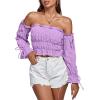 imageLYANER Womens Off The Shoulder Ruffle Trim Drawsting Puff Long Sleeve Tube Crop Blouse Shirt TopLight Purple