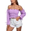 imageLYANER Womens Off The Shoulder Ruffle Trim Drawsting Puff Long Sleeve Tube Crop Blouse Shirt TopLight Purple