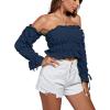 imageLYANER Womens Off The Shoulder Ruffle Trim Drawsting Puff Long Sleeve Tube Crop Blouse Shirt TopNavy