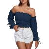 imageLYANER Womens Off The Shoulder Ruffle Trim Drawsting Puff Long Sleeve Tube Crop Blouse Shirt TopNavy