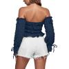imageLYANER Womens Off The Shoulder Ruffle Trim Drawsting Puff Long Sleeve Tube Crop Blouse Shirt TopNavy