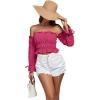 imageLYANER Womens Off The Shoulder Ruffle Trim Drawsting Puff Long Sleeve Tube Crop Blouse Shirt TopRose