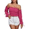 imageLYANER Womens Off The Shoulder Ruffle Trim Drawsting Puff Long Sleeve Tube Crop Blouse Shirt TopRose