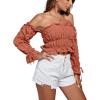 imageLYANER Womens Off The Shoulder Ruffle Trim Drawsting Puff Long Sleeve Tube Crop Blouse Shirt TopRust Red