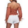 imageLYANER Womens Off The Shoulder Ruffle Trim Drawsting Puff Long Sleeve Tube Crop Blouse Shirt TopRust Red