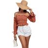 imageLYANER Womens Off The Shoulder Ruffle Trim Drawsting Puff Long Sleeve Tube Crop Blouse Shirt TopRust Red