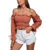 imageLYANER Womens Off The Shoulder Ruffle Trim Drawsting Puff Long Sleeve Tube Crop Blouse Shirt TopRust Red