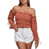 imageLYANER Womens Off The Shoulder Ruffle Trim Drawsting Puff Long Sleeve Tube Crop Blouse Shirt TopRust Red