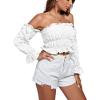imageLYANER Womens Off The Shoulder Ruffle Trim Drawsting Puff Long Sleeve Tube Crop Blouse Shirt TopWhite