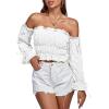 imageLYANER Womens Off The Shoulder Ruffle Trim Drawsting Puff Long Sleeve Tube Crop Blouse Shirt TopWhite