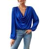 imageLYANER Womens Casual Satin Silky Draped Cowl Neck Ruched Long Sleeve Blouse Shirt TopRoyal Blue