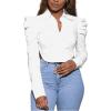 imageLYANER Womens Collar V Neck Button Down Split Hem Puff Long Sleeve Shirt Blouse TopWhite