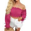 imageLYANER Womens Off The Shoulder Ruffle Trim Drawsting Puff Long Sleeve Tube Crop Blouse Shirt TopRose