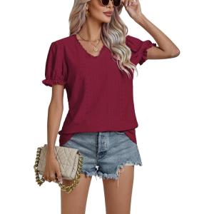 imageLYANER Womens Casual Puff Short Sleeve Lace Trim Eyelet V Neck Shirt Blouse Tunic TopBurgundy