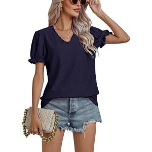 imageLYANER Womens Casual Puff Short Sleeve Lace Trim Eyelet V Neck Shirt Blouse Tunic TopDark Blue