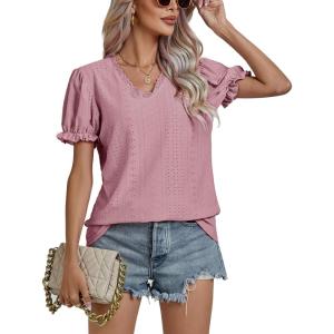 imageLYANER Womens Casual Puff Short Sleeve Lace Trim Eyelet V Neck Shirt Blouse Tunic TopDark Pink